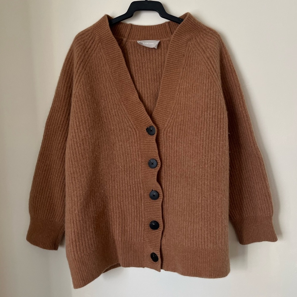 Everlane Brown neutral 100% Wool cozy Ribbed Women's Cardigan XL - Picture 10 of 11